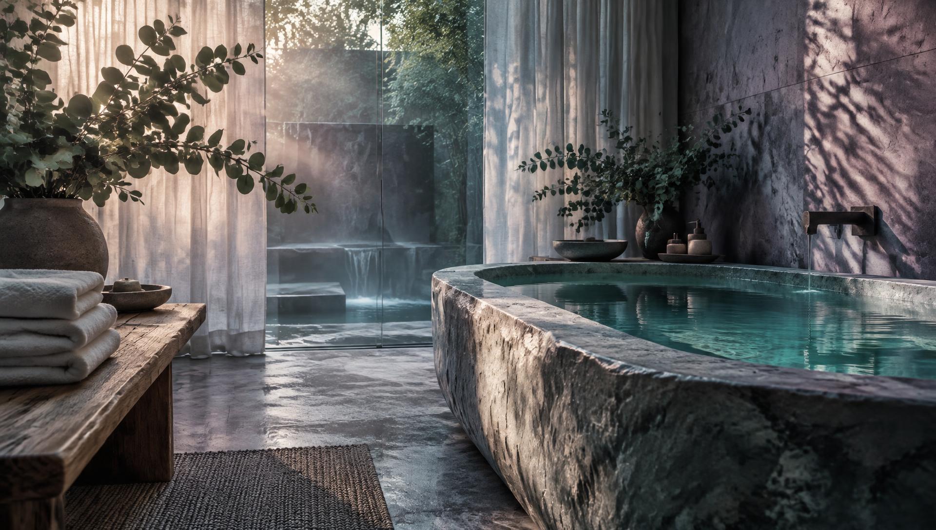 Serene spa interior with a carved stone soaking tub, soft light, and eucalyptus