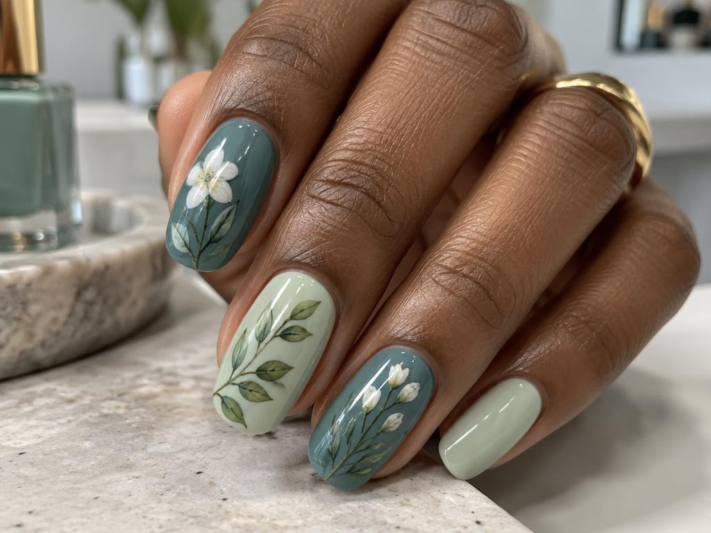 Botanical nail art in muted spa colors